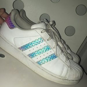 Girls iridescent, white, superstar sneakers!